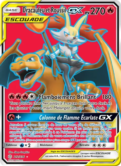 Carte Pokémon Dracaufeu et Roussil GX 212/236, extension Éclipse Cosmique
