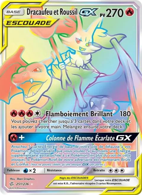 Carte Pokémon Dracaufeu et Roussil GX 251/236, extension Éclipse Cosmique