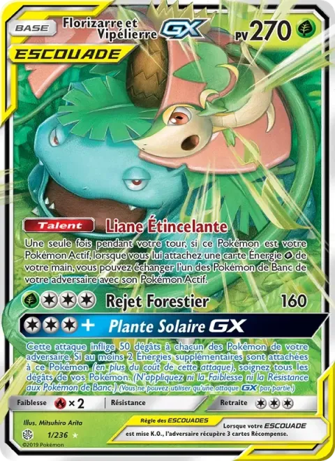 Carte Pokémon Florizarre et Vipélierre GX 001/236, extension Éclipse Cosmique