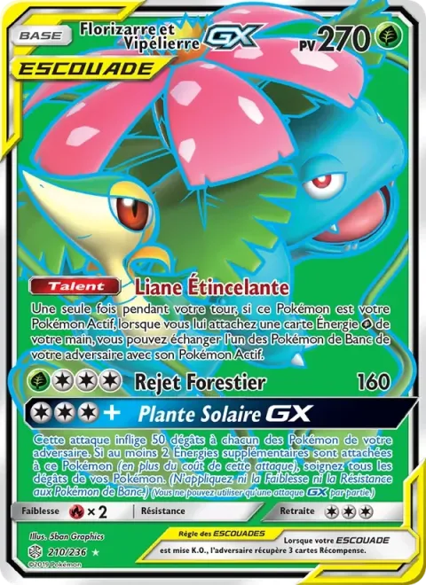 Carte Pokémon Florizarre et Vipélierre GX 210/236, extension Éclipse Cosmique