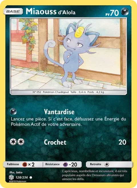 Carte Pokémon Miaouss d’Alola 128/236, extension Éclipse Cosmique