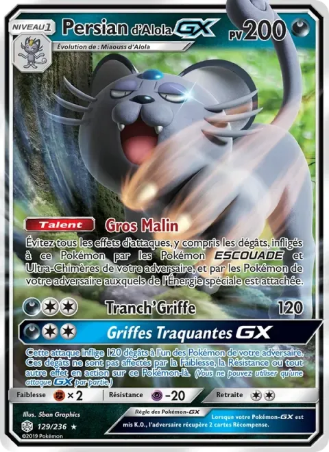 Carte Pokémon Persian d’Alola GX 129/236, extension Éclipse Cosmique