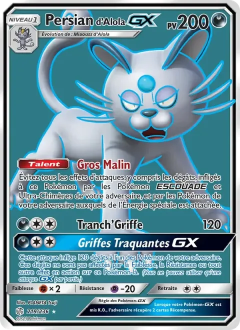 Carte Pokémon Persian d’Alola GX 219/236, extension Éclipse Cosmique