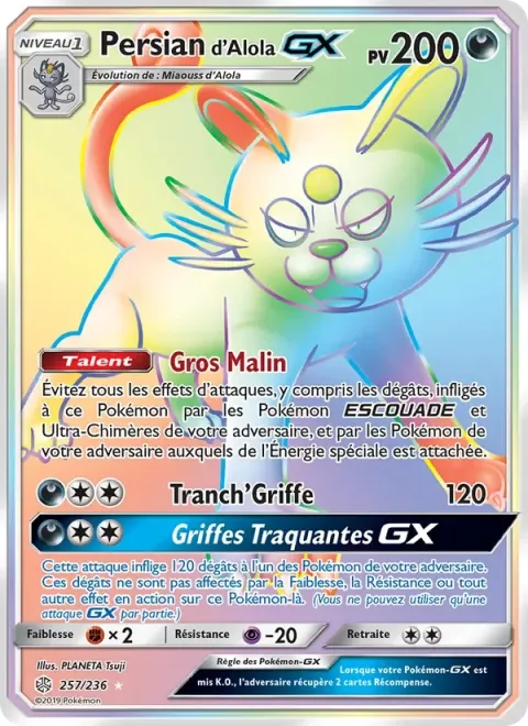 Carte Pokémon Persian d’Alola GX 257/236, extension Éclipse Cosmique