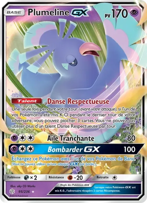 Carte Pokémon Plumeline GX 095/236, extension Éclipse Cosmique