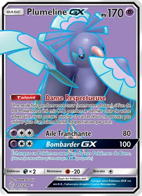 Carte Pokémon Plumeline GX 217/236, extension Éclipse Cosmique