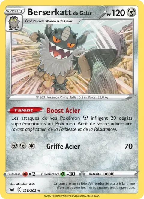 Carte Pokémon Berserkatt de Galar 128/202, extension Épée et Bouclier