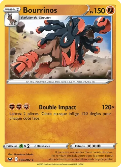 Carte Pokémon Bourrinos 106/202, extension Épée et Bouclier