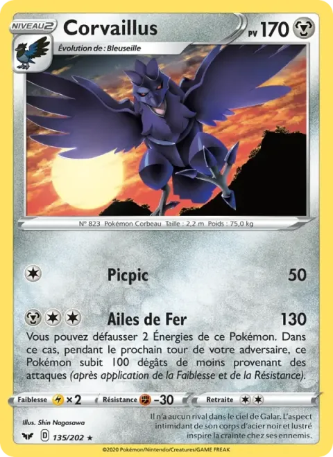 Carte Pokémon Corvaillus 135/202, extension Épée et Bouclier