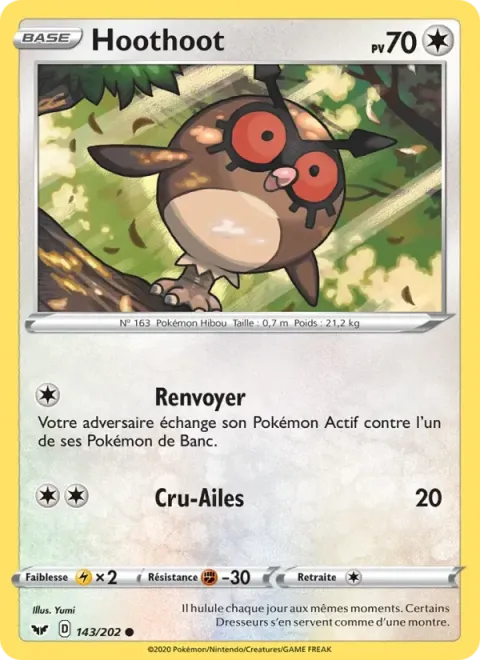 Carte Pokémon Hoothoot 143/202, extension Épée et Bouclier