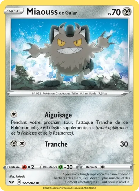 Carte Pokémon Miaouss de Galar 127/202, extension Épée et Bouclier