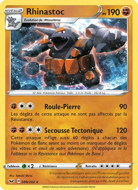 Carte Pokémon Rhinastoc 099/202, extension Épée et Bouclier