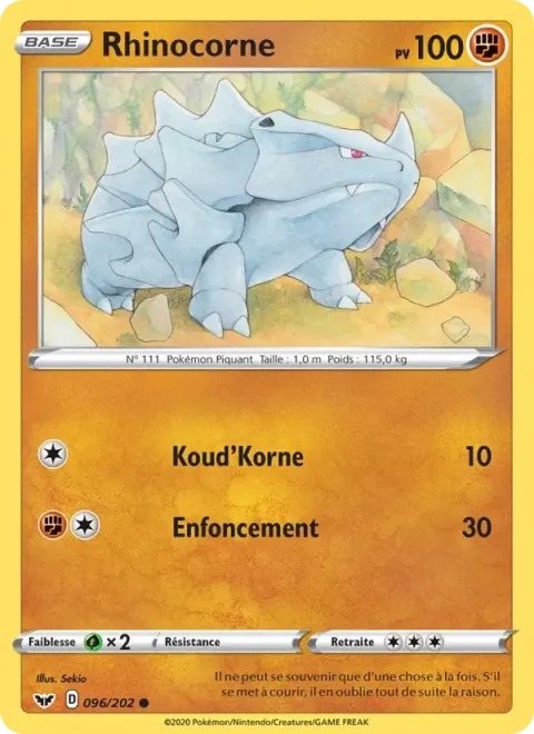 Carte Pokémon Rhinocorne 096/202, extension Épée et Bouclier