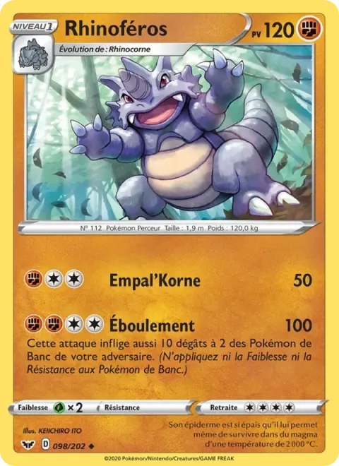 Carte Pokémon Rhinoféros 098/202, extension Épée et Bouclier