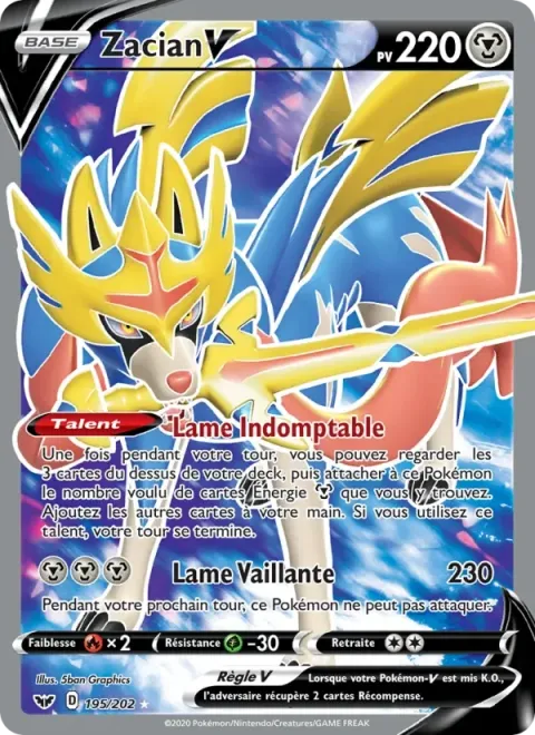 Carte Pokémon Zacian V 195/202, extension Épée et Bouclier