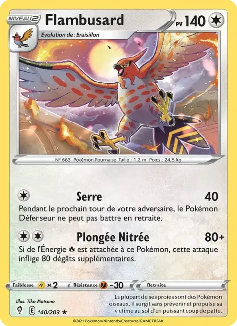 Carte Pokémon Flambusard 140/203, extension Évolution Céleste