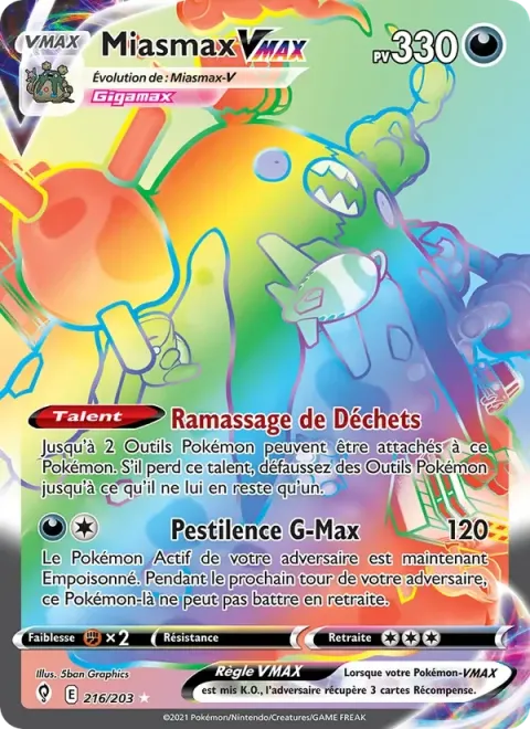 Carte Pokémon Miasmax VMAX 216/203, extension Évolution Céleste