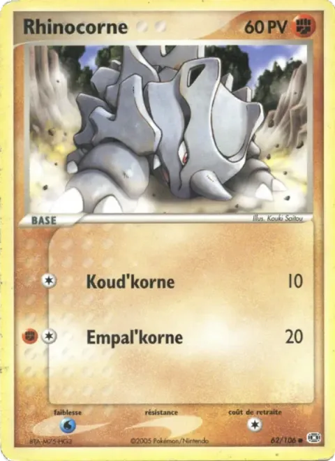 Carte Pokémon Rhinocorne 062/106, extension EX Émeraude