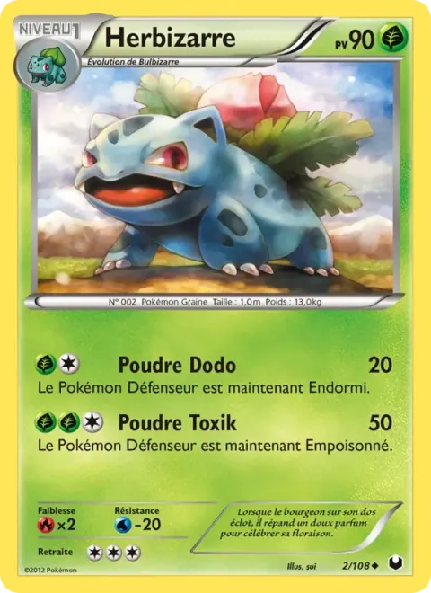 Carte Pokémon Herbizarre 002/108, extension Explorateurs Obscurs
