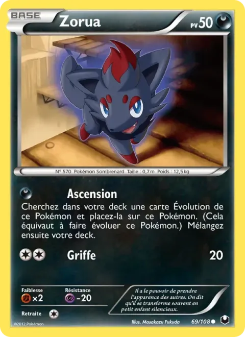 Carte Pokémon Zorua 069/108, extension Explorateurs Obscurs