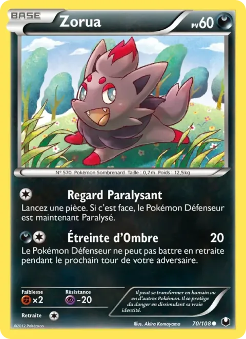 Carte Pokémon Zorua 070/108, extension Explorateurs Obscurs