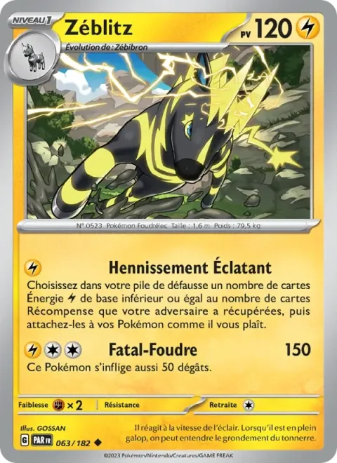 Carte Pokémon Zéblitz 063/182, extension Faille Paradoxe