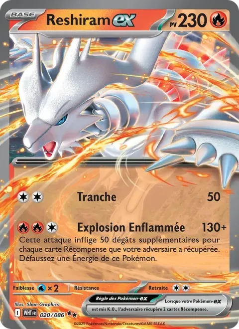 Carte Pokémon Reshiram-ex 020/086, extension Flamme Blanche