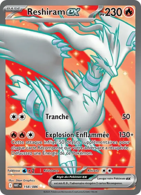 Carte Pokémon Reshiram-ex 158/086, extension Flamme Blanche