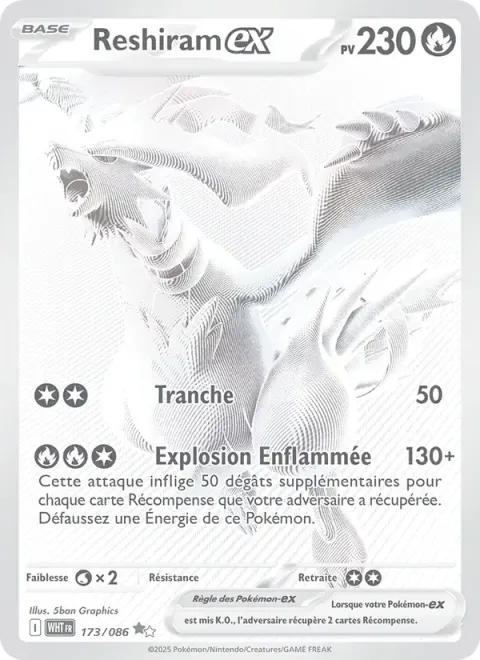 Carte Pokémon Reshiram-ex 173/086, extension Flamme Blanche