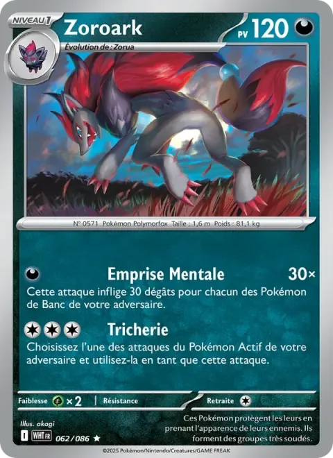 Carte Pokémon Zoroark 062/086, extension Flamme Blanche