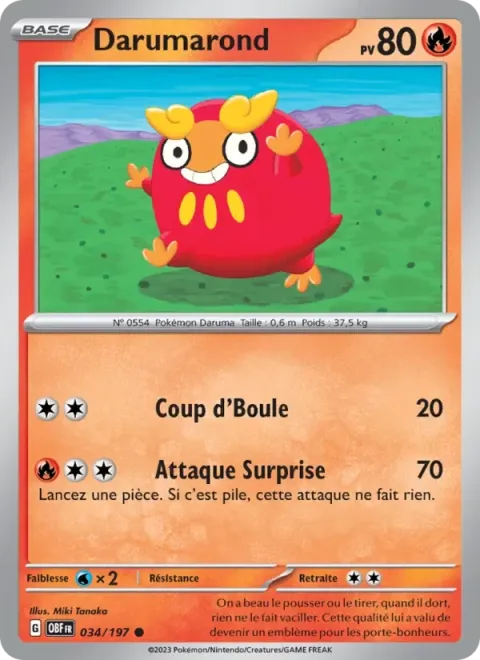Carte Pokémon Darumarond 034/197, extension Flammes Obsidiennes