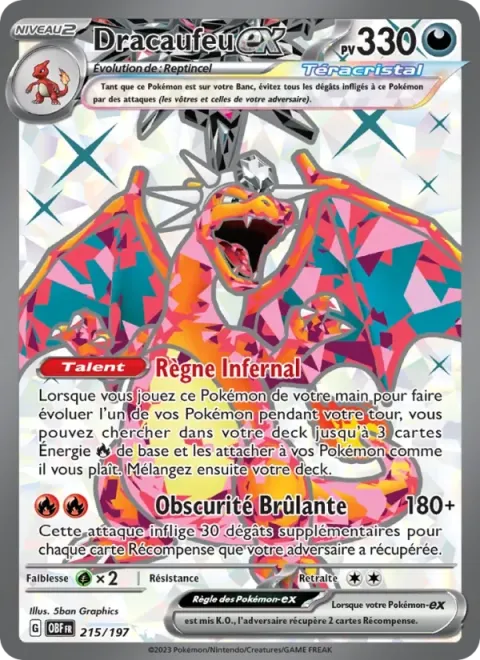 Carte Pokémon Dracaufeu-ex 215/197, extension Flammes Obsidiennes