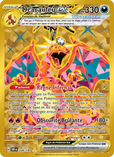 Carte Pokémon Dracaufeu-ex 228/197, extension Flammes Obsidiennes