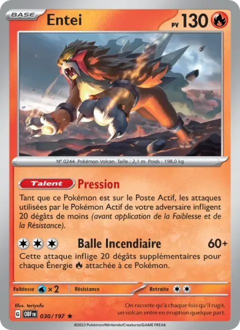 Carte Pokémon Entei 030/197, extension Flammes Obsidiennes