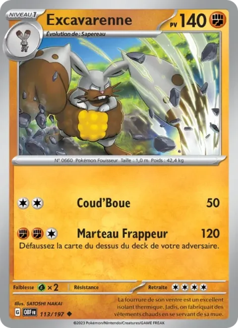 Carte Pokémon Excavarenne 113/197, extension Flammes Obsidiennes