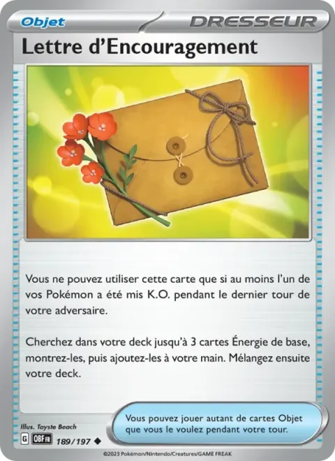 Carte Pokémon Lettre d’Encouragement 189/197, extension Flammes Obsidiennes