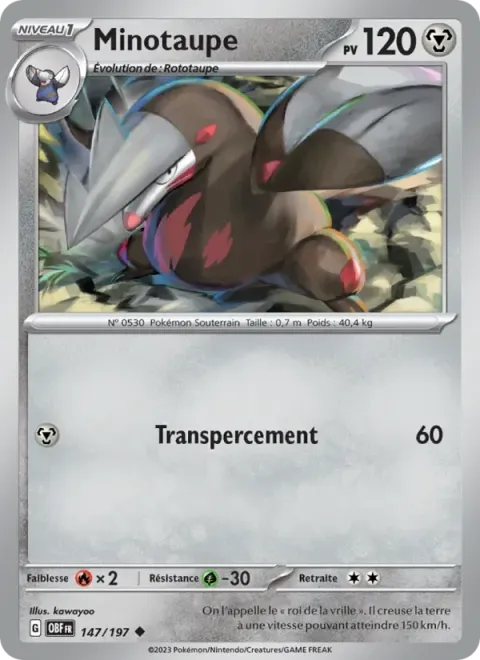 Carte Pokémon Minotaupe 147/197, extension Flammes Obsidiennes