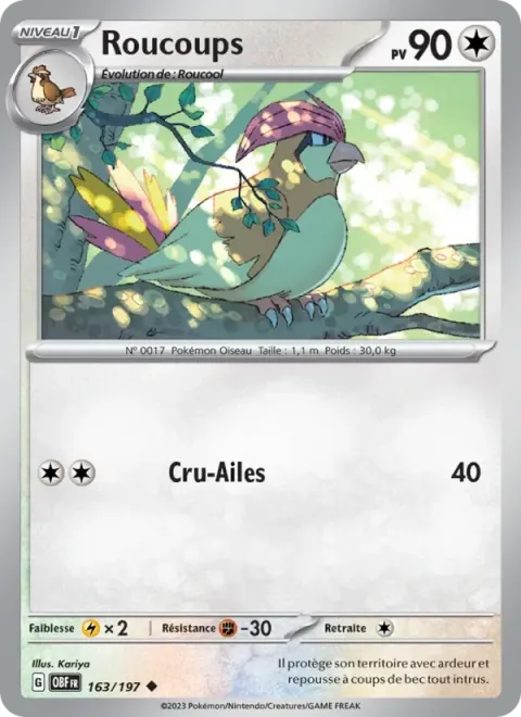Carte Pokémon Roucoups 163/197, extension Flammes Obsidiennes