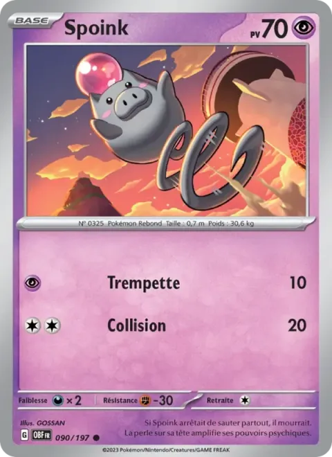 Carte Pokémon Spoink 090/197, extension Flammes Obsidiennes