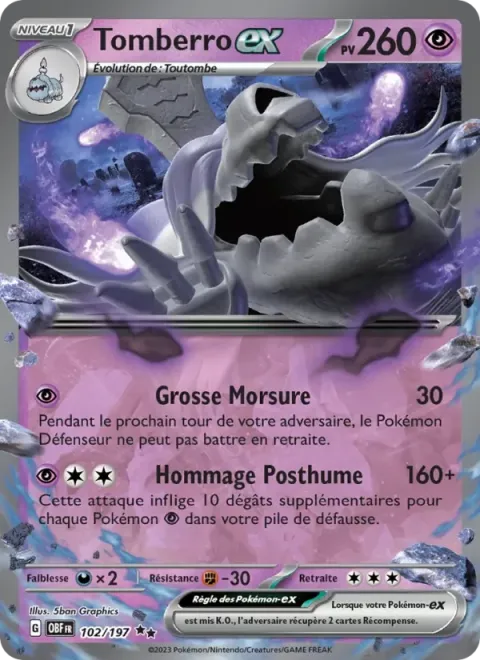Carte Pokémon Tomberro-ex 102/197, extension Flammes Obsidiennes