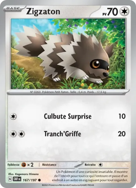 Carte Pokémon Zigzaton 167/197, extension Flammes Obsidiennes