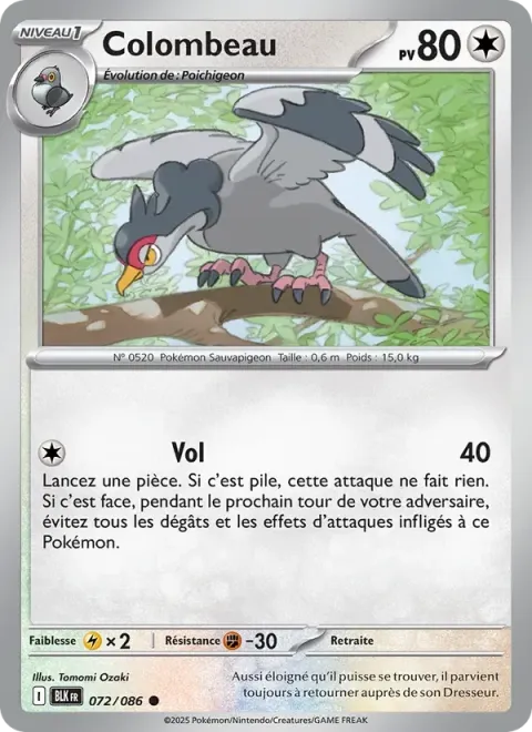 Carte Pokémon Colombeau 072/086, extension Foudre Noire