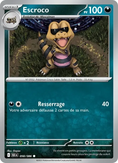 Carte Pokémon Escroco 058/086, extension Foudre Noire