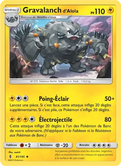 Carte Pokémon Gravalanch d’Alola 041/145, extension Gardiens Ascendants