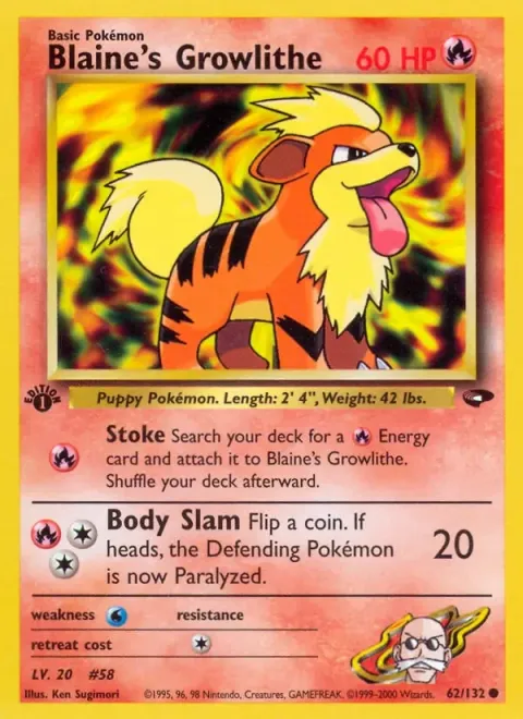 Carte Pokémon Blaine’s Growlithe 062/132, extension Gym Challenge (sortie anglaise)