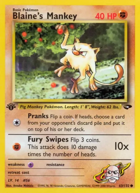Carte Pokémon Blaine’s Mankey 063/132, extension Gym Challenge (sortie anglaise)