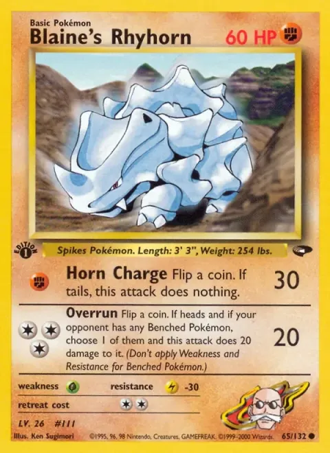 Carte Pokémon Blaine’s Rhyhorn 065/132, extension Gym Challenge (sortie anglaise)
