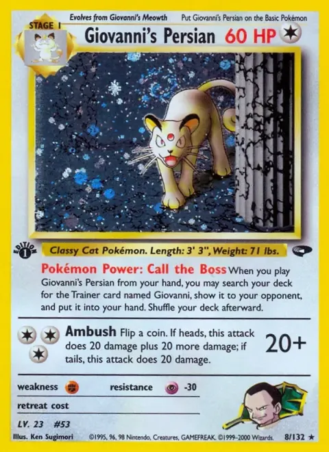 Carte Pokémon Giovanni’s Persian 008/132, extension Gym Challenge (sortie anglaise)