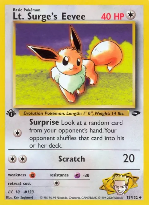 Carte Pokémon Lt. Surge’s Eevee 051/132, extension Gym Challenge (sortie anglaise)