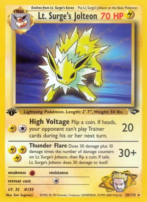 Carte Pokémon Lt. Surge’s Jolteon 028/132, extension Gym Challenge (sortie anglaise)